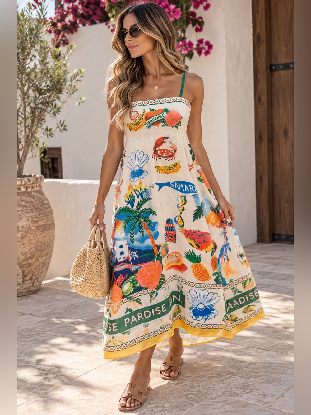 Amazon Multicolor Tropical Print Spaghetti-Strap Maxi Dress - Cream